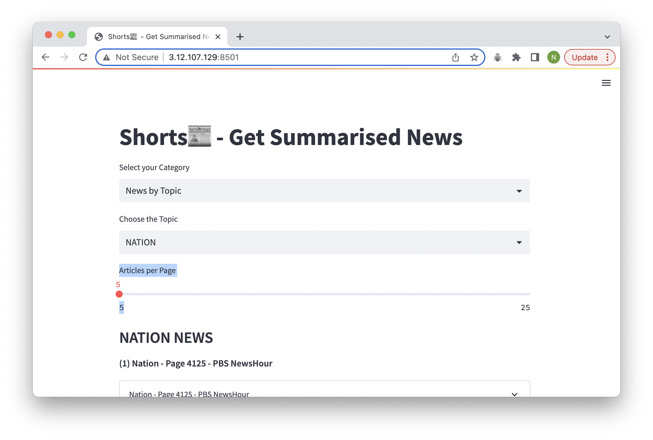 short News App page